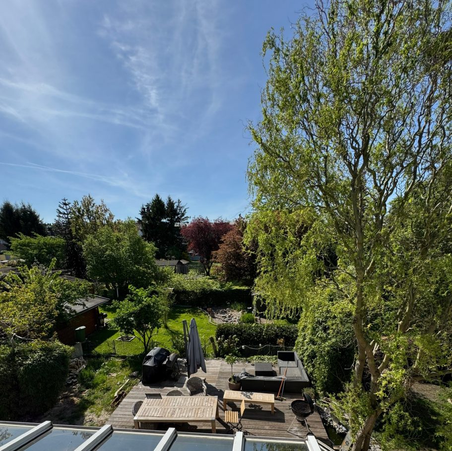 Gartenblick Blick auf einen grünen Garten mit Sitzbereichen und Bäumen unter blauem Himmel.